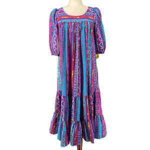 Vtg 80s 90s Two Potato Laguna Beach Artsy Midi Tiered Muumuu Dress XS Cotton NOS
